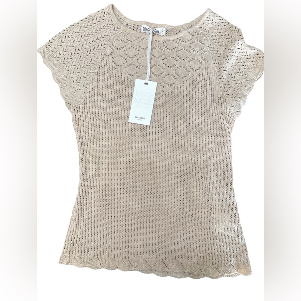 Grace Karin Cream Knit Crochet Short Sleeve Top Medium
F1